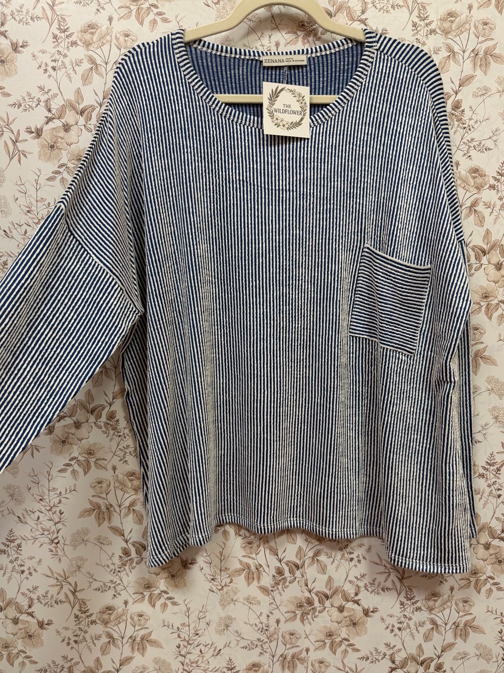 Zenana Outfitters Navy and White Striped Pocket Pullover